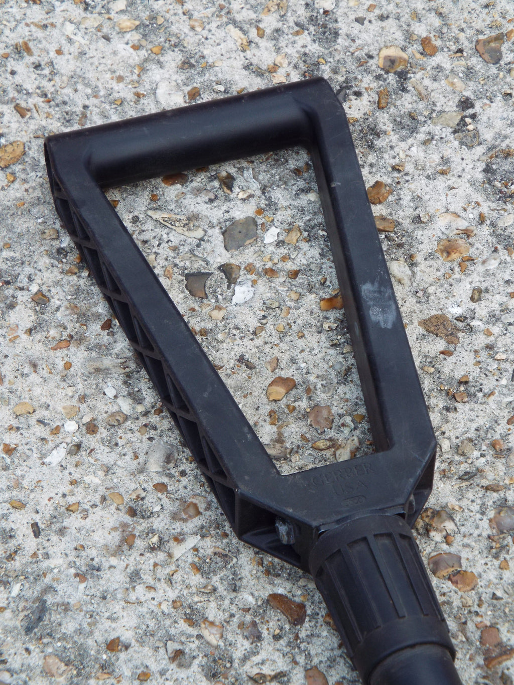 Top-down view of the triangle-shaped glass-filled nylon handle, clearly showing the Gerber USA branding and textured grip.