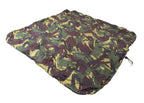 A flat, unfolded Dutch Army waterproof Bergen cover in woodland camouflage pattern showing the elasticated cord hem.
