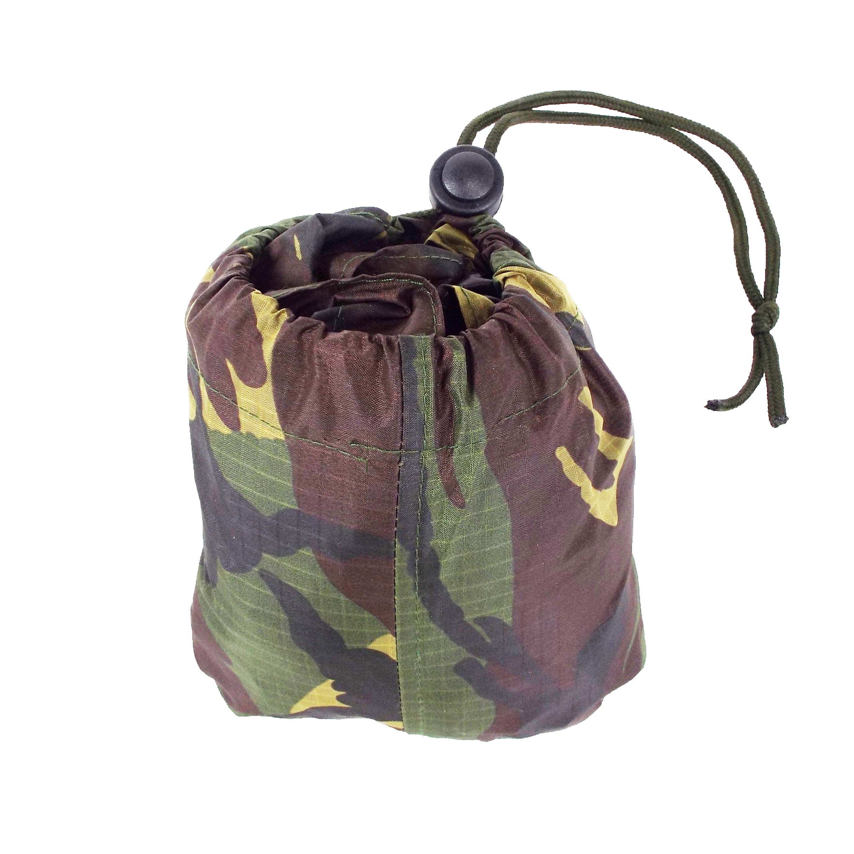 Compact woodland camouflage Bergen cover packed into its integrated storage pocket with a drawstring and toggle closure.
