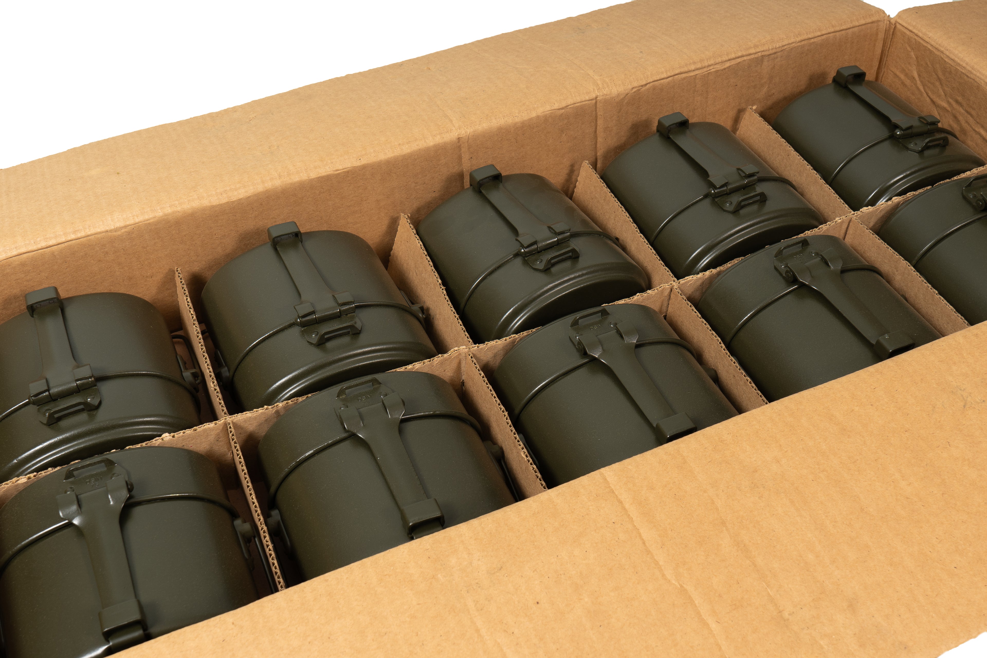 Bulk supply of unissued Supergrade Italian Army mess tins neatly packed in a cardboard shipping crate.