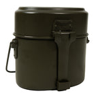 Original Italian Army mess tin set in olive drab, fully assembled with secure locking handle mechanism.