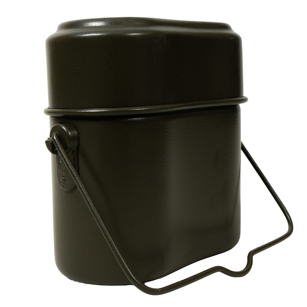 Side view of the Original Italian Army mess tins, highlighting the compact nesting design and sturdy wire bail carry handle.