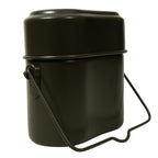 Side view of the Original Italian Army mess tins, highlighting the compact nesting design and sturdy wire bail carry handle.