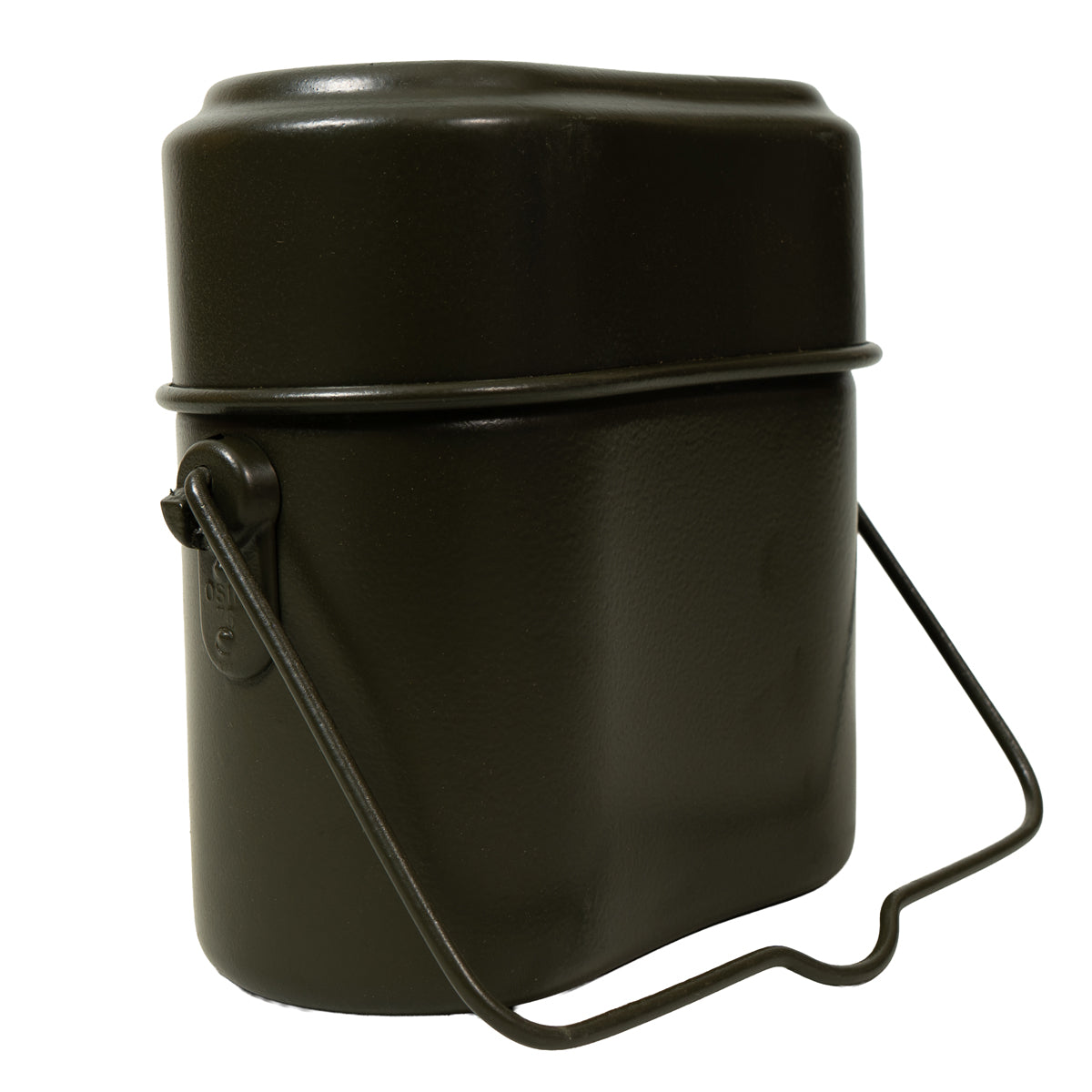 Side view of the Original Italian Army mess tins, highlighting the compact nesting design and sturdy wire bail carry handle.