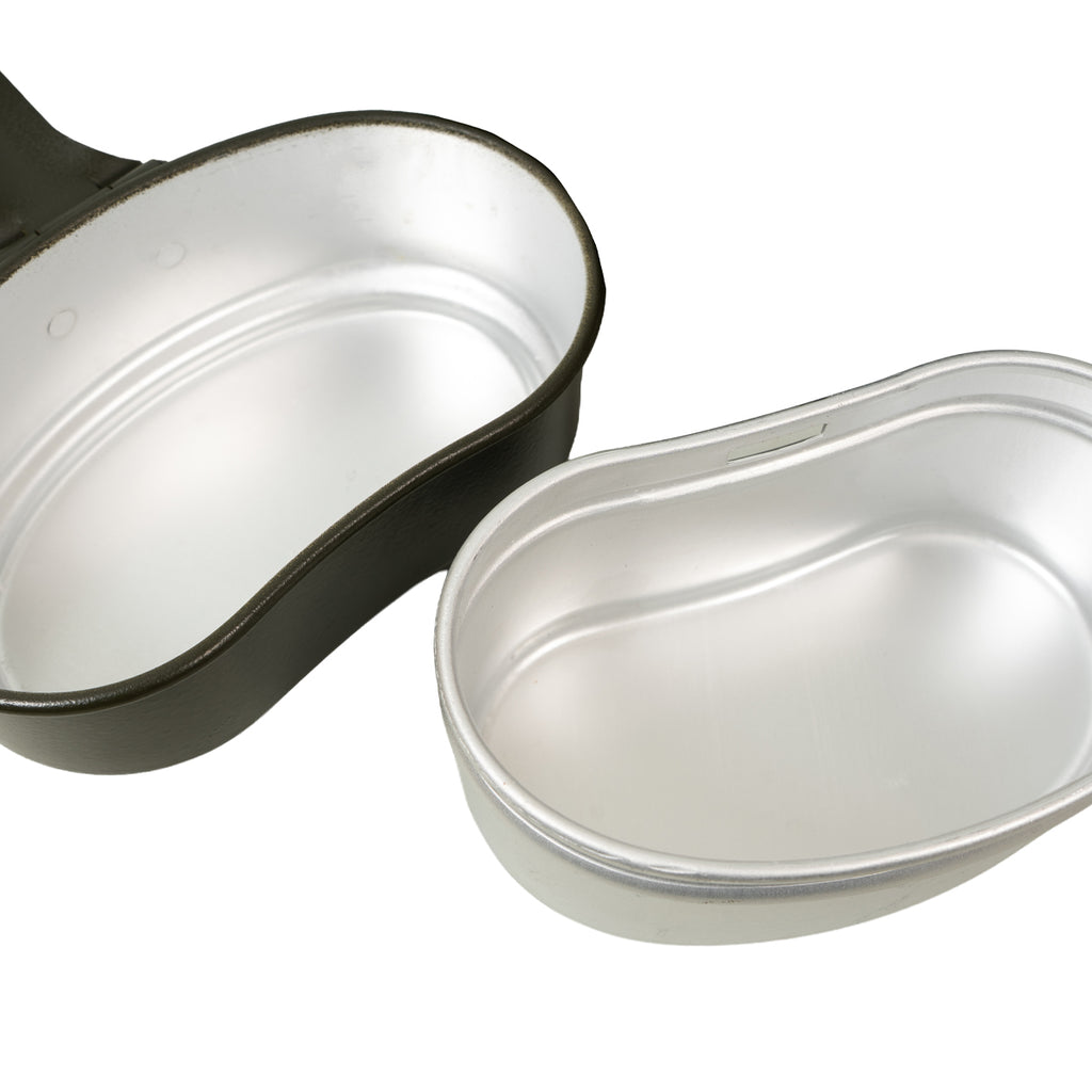 Interior view of the Italian military mess tin components, showing the smooth, clean aluminum finish of the nesting vessels.