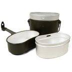 Three-piece Italian military mess tin set disassembled, showing the main pot, nested interior tin, and lid with folding handle.