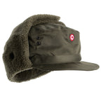 Side profile of an Austrian Army KAZ 75 winter hat with ear flaps folded up, highlighting ventilation grommets and durable poly-cotton twill.