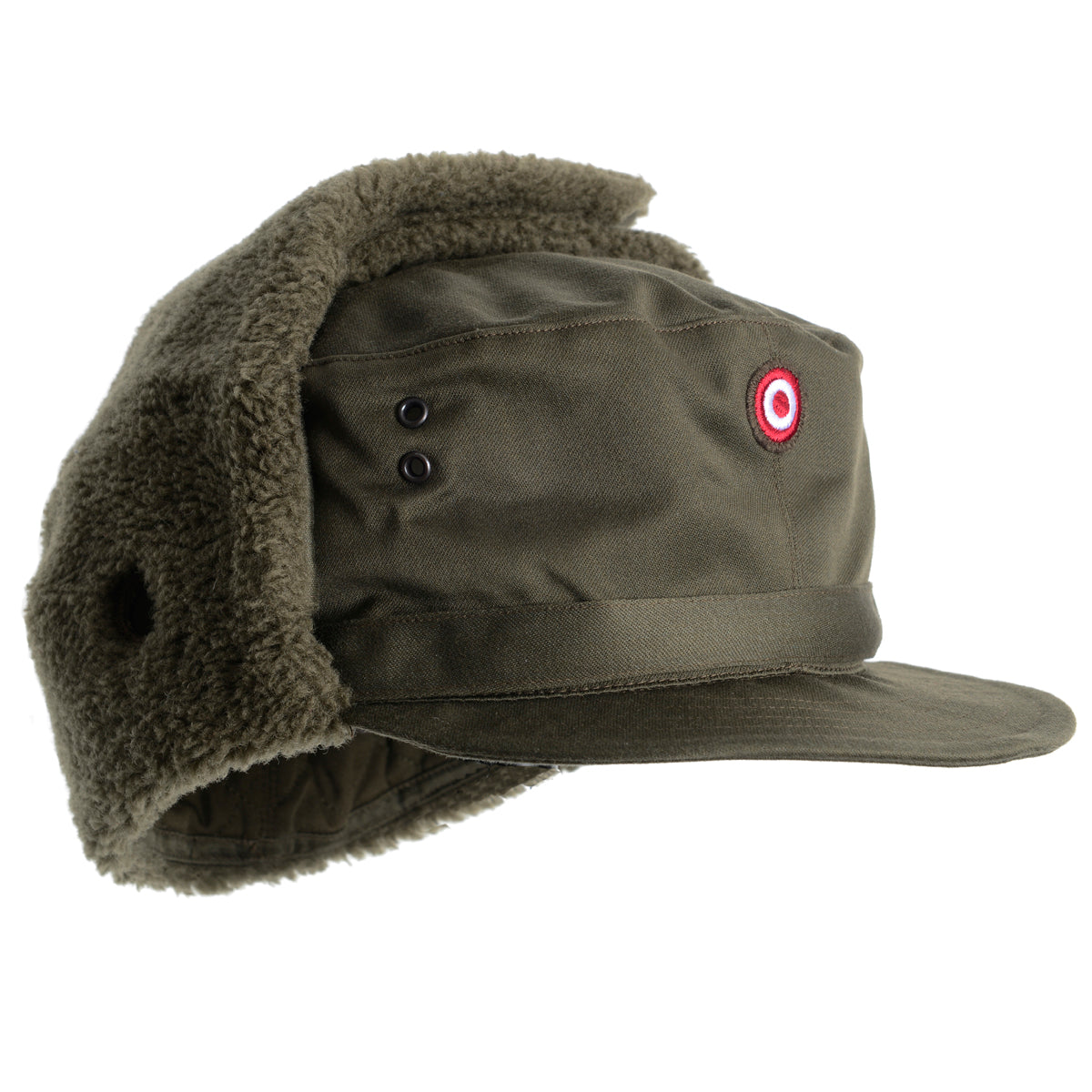 Side profile of an Austrian Army KAZ 75 winter hat with ear flaps folded up, highlighting ventilation grommets and durable poly-cotton twill.