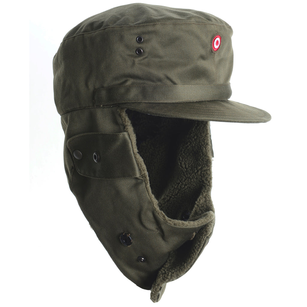 Austrian KAZ 75 field hat with chin strap fastened, showing the integrated hearing ports and secure fit for maximum warmth.