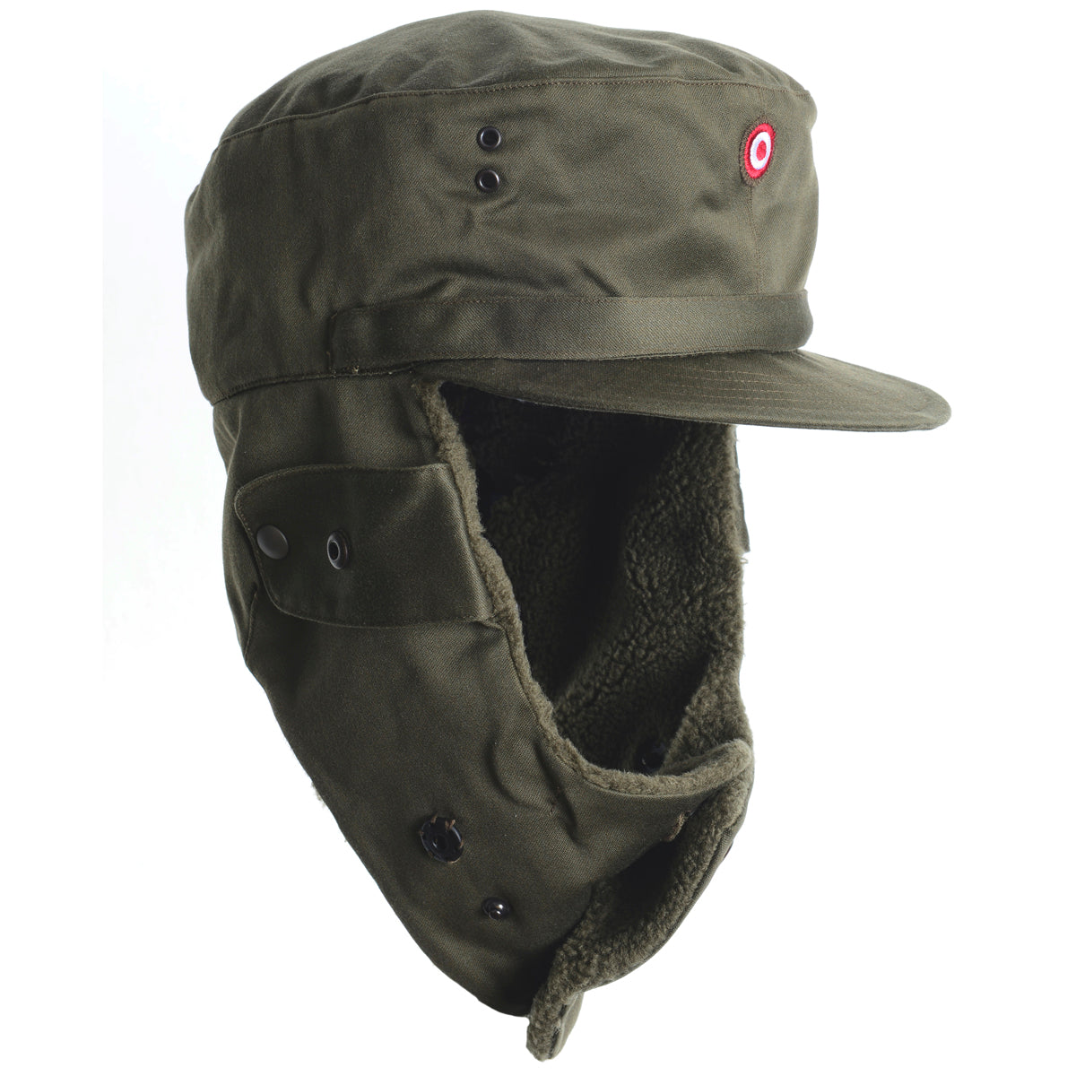 Austrian KAZ 75 field hat with chin strap fastened, showing the integrated hearing ports and secure fit for maximum warmth.