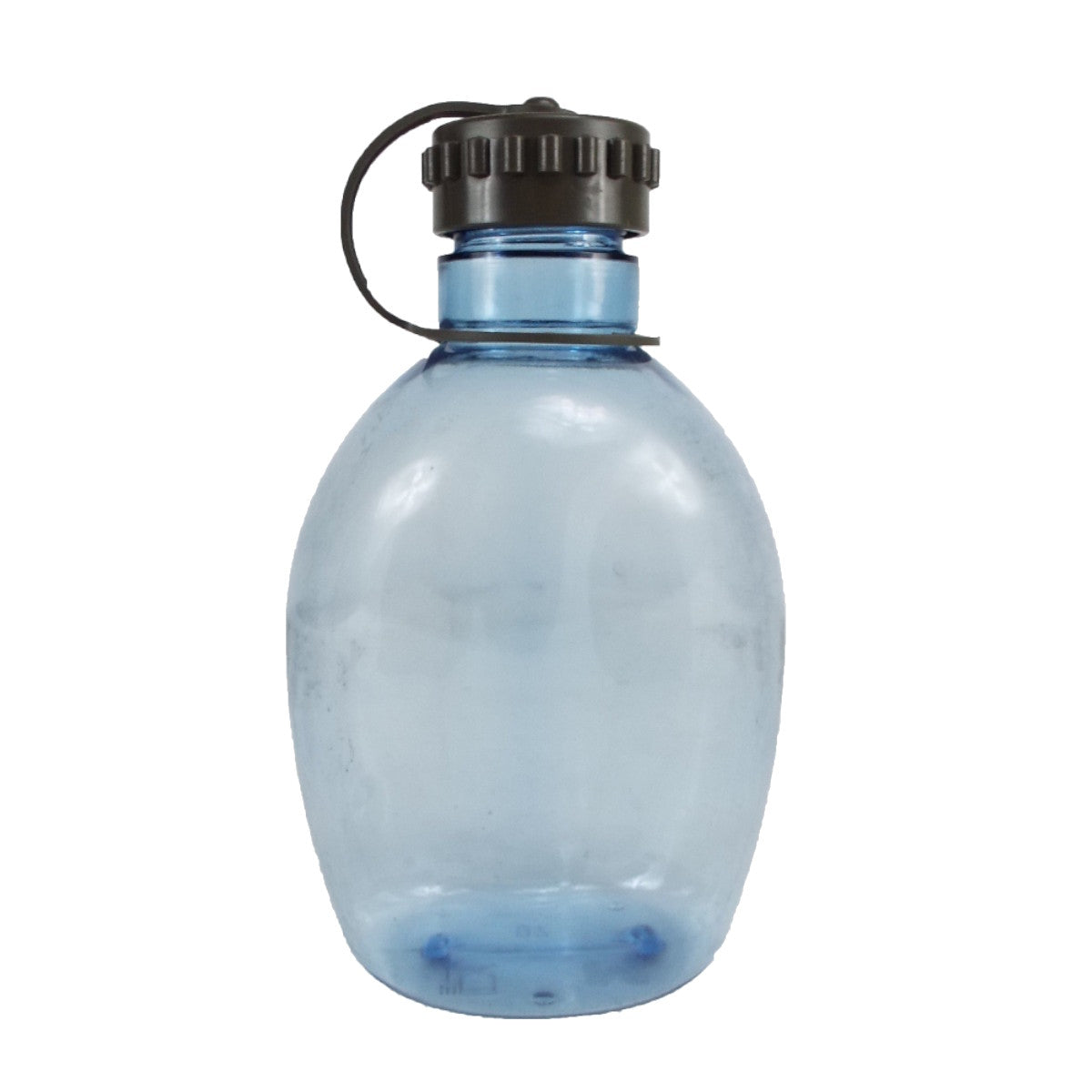 Austrian Army 850ml canteen featuring a translucent blue polymer body and a dark brown tethered screw-cap.