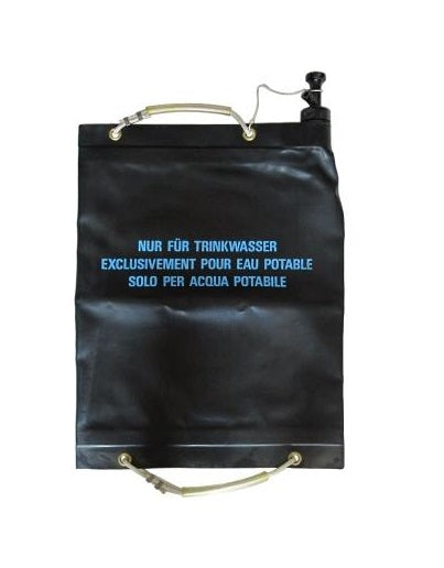 Swiss military 20L rubberised water carrier in black with heavy-duty rope handles, brass eyelets, and a spring-loaded dosing valve.