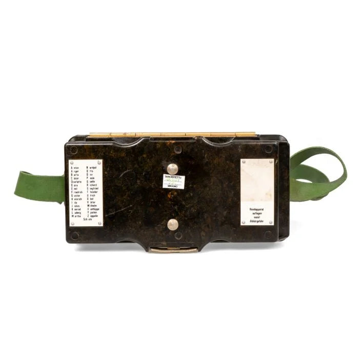 Top exterior lid of East German field telephone featuring phonetic alphabet metal plate