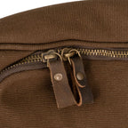 Close-up of brass zipper and leather pull tabs on Rothco Canvas Shoe Bag