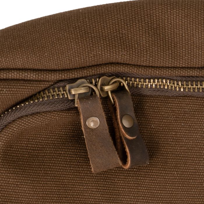 Close-up of brass zipper and leather pull tabs on Rothco Canvas Shoe Bag