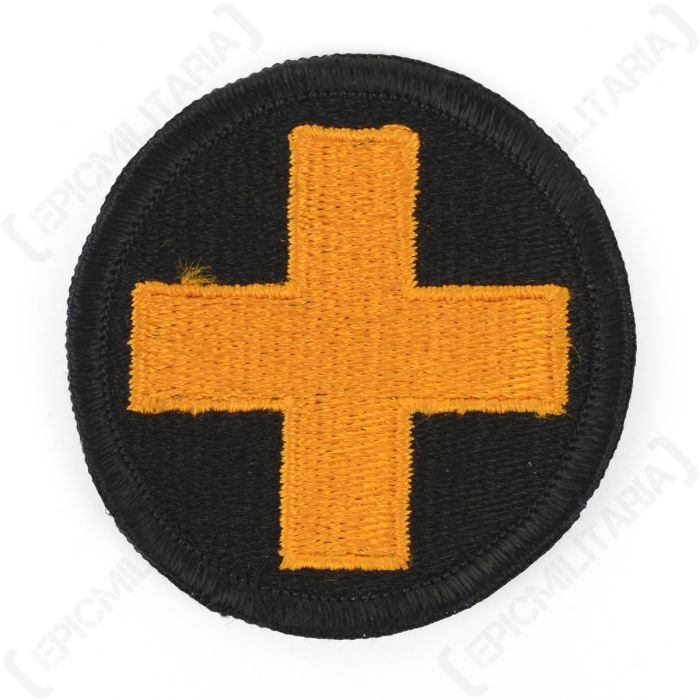 Original US 33rd Infantry Division embroidered patch front view showing yellow cross on black circular background