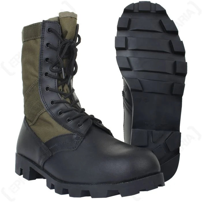 Side view of US Panama jungle boot showing black leather upper, olive canvas, and rubber Panama sole