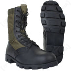 Side view of US Panama jungle boot showing black leather upper, olive canvas, and rubber Panama sole