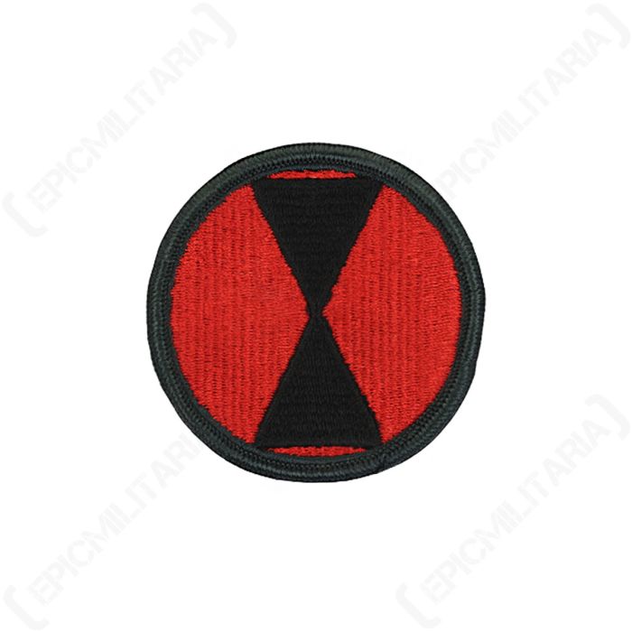 Original US Army 7th Infantry Division shoulder sleeve patch with black hourglass symbol on red circular background