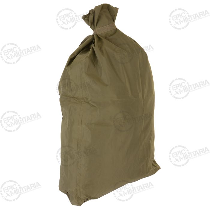 Side view of olive drab Type 1 Belgian military nylon kit bag filled with gear
