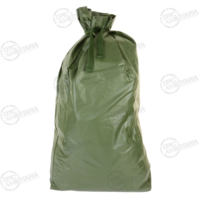 Front view of filled Type 2 rubberised waterproof Belgian Army duffel bag in olive green