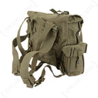Rear perspective view of SADF Pattern 70 pack showing top webbing handle and metal buckle attachments
