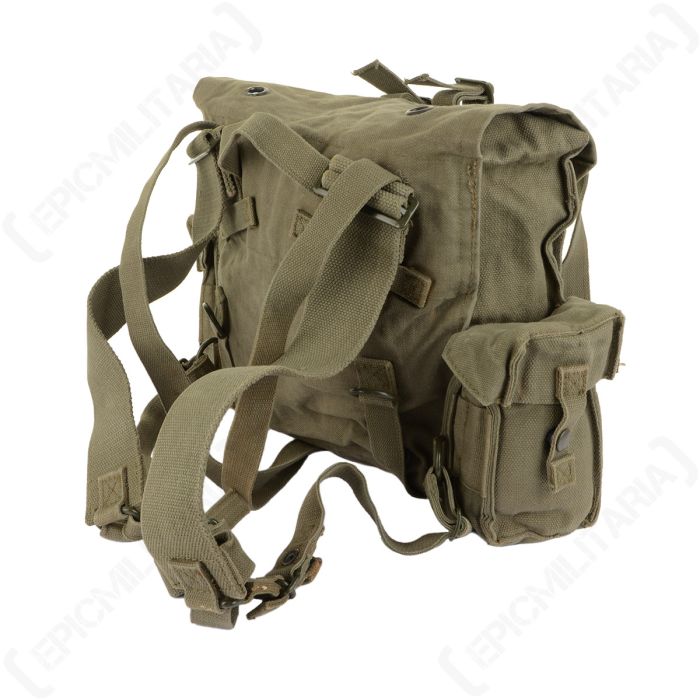 Rear perspective view of SADF Pattern 70 pack showing top webbing handle and metal buckle attachments