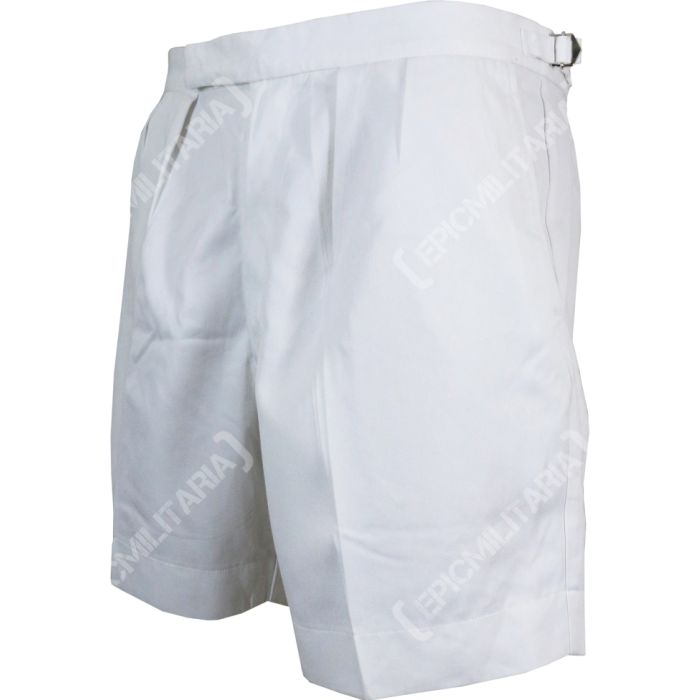 British Royal Navy white tropical shorts front view showing waist buckles and pleats