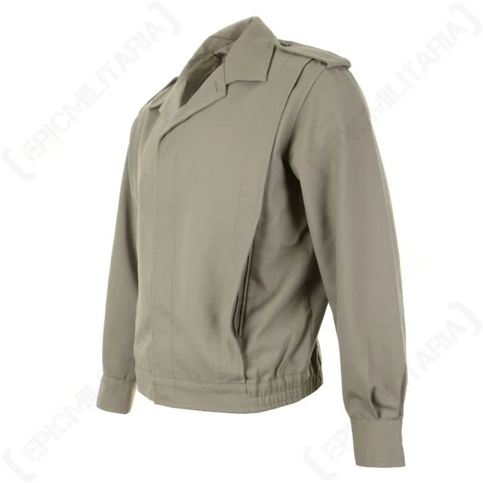 Side view of grey French military Ike blouson showing pocket detail
