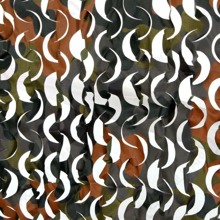 Close-up of Flecktarn pattern 3D leaf-cut ripstop netting fabric
