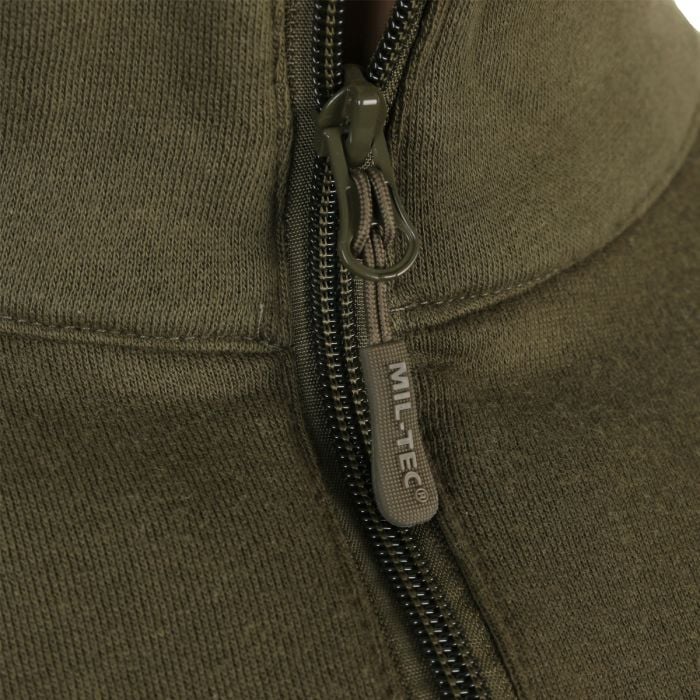 Detail view of Mil-Tec tactical pullover neckline and zipper pull tab