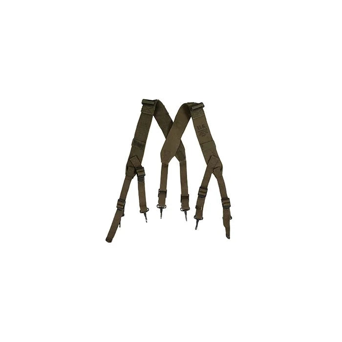 Full view of original WWII US Army M44 combat pack suspenders on a clean white background.