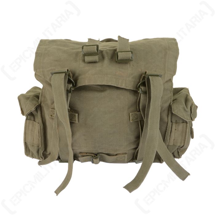 Front flat view of SADF Pattern 70 medium pack showing main flap and two side pouches