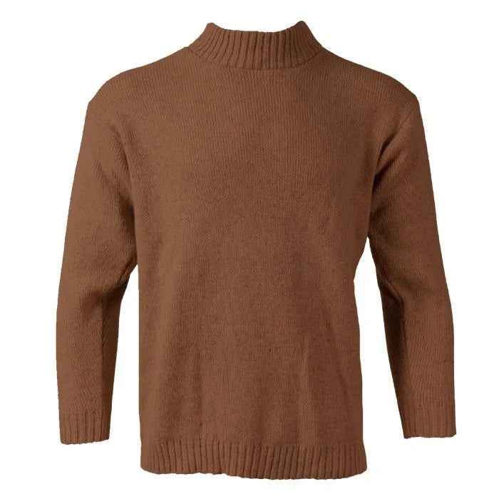 Front view of the brown Soviet MiG pilot angora wool jumper showing the mock neck and ribbed design.