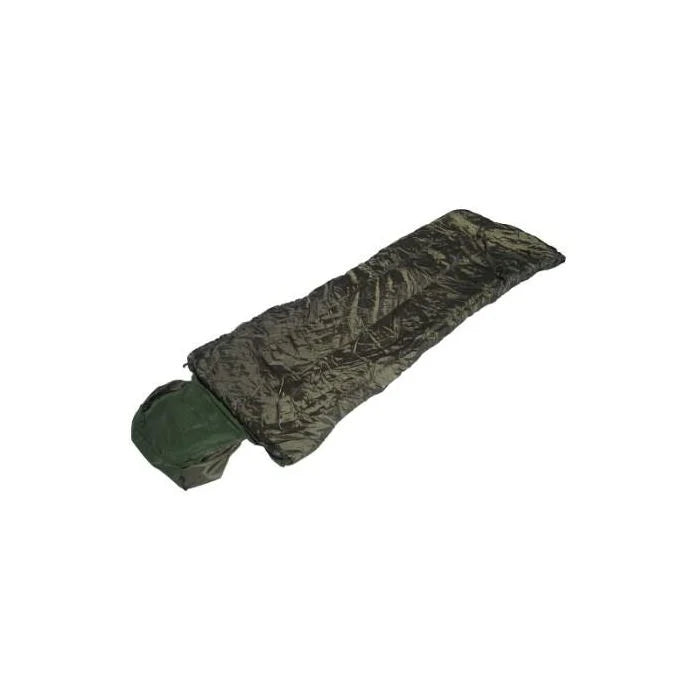 Mil-Tec Pilot sleeping bag in olive green, featuring an integrated pillow headrest and moisture-resistant polyester shell.