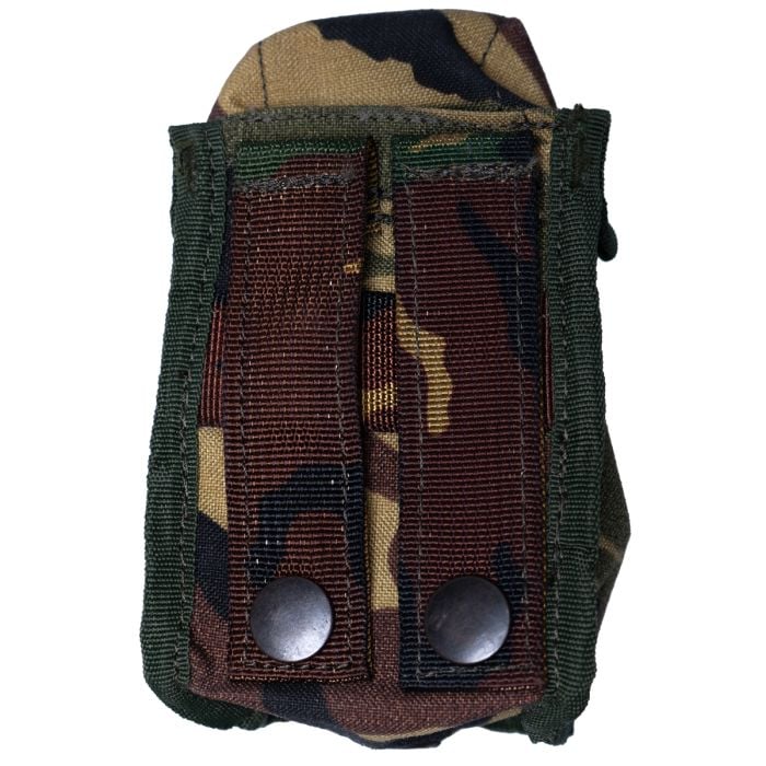 Back view of the Dutch Army DPM pouch displaying the dual rear MOLLE webbing straps with heavy-duty metal press-stud snaps.