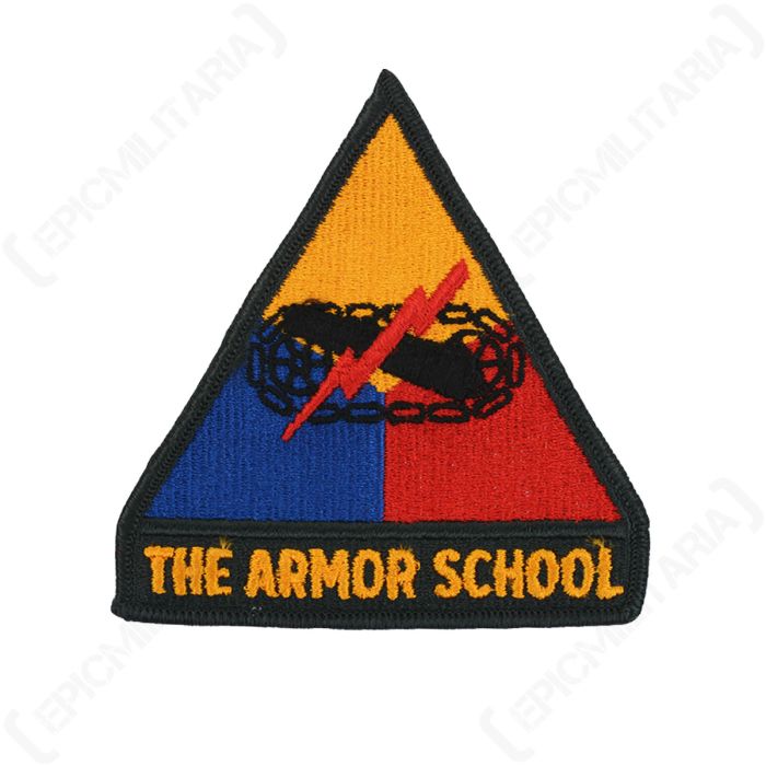 Front view of US Army Armor School embroidered triangular shoulder patch