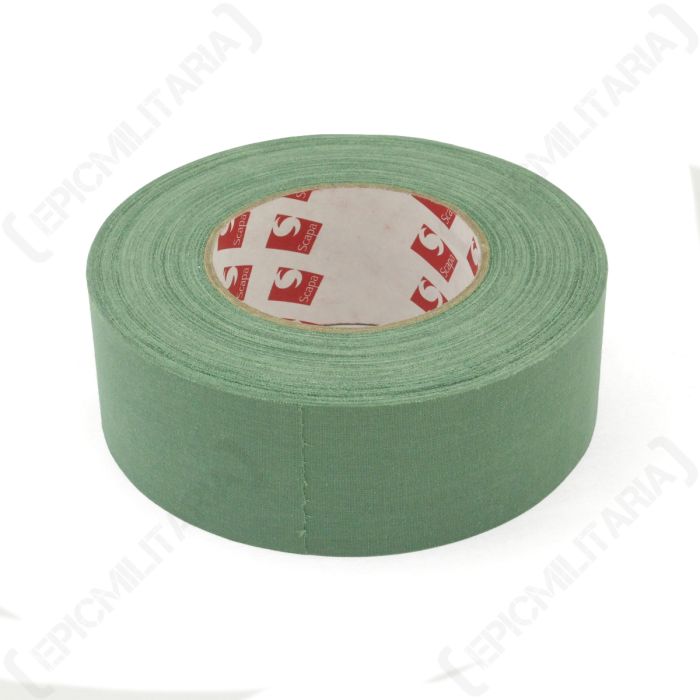 Side profile view of 50m roll of olive green Scapa sniper tape showing branded inner core