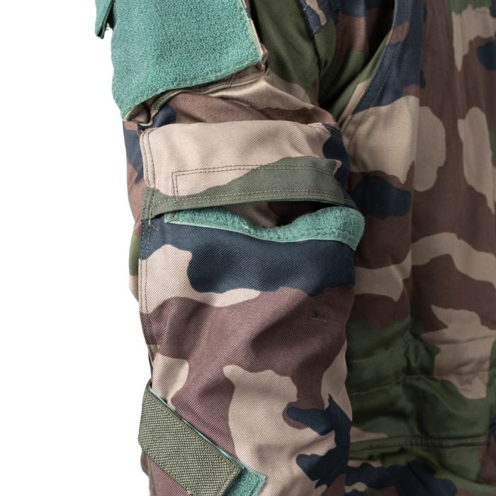 Close-up of the sleeve reinforcement on French T4 combat jacket with elbow pad pocket