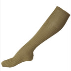 Single Italian Army coyote boot sock displayed on a mannequin foot to highlight the ribbed structure and length.