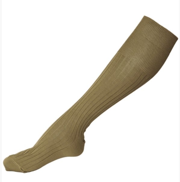 Single Italian Army coyote boot sock displayed on a mannequin foot to highlight the ribbed structure and length.
