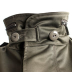 Detailed view of the collar and neck closure system with secure buttons for protection against cold alpine winds.