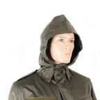 Mannequin wearing the Austrian Army parka with the integrated hood deployed for rain protection.