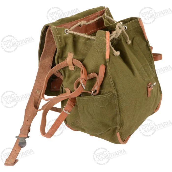 Top view of the Romanian military rucksack showing the canvas drawstring closure and inner compartment