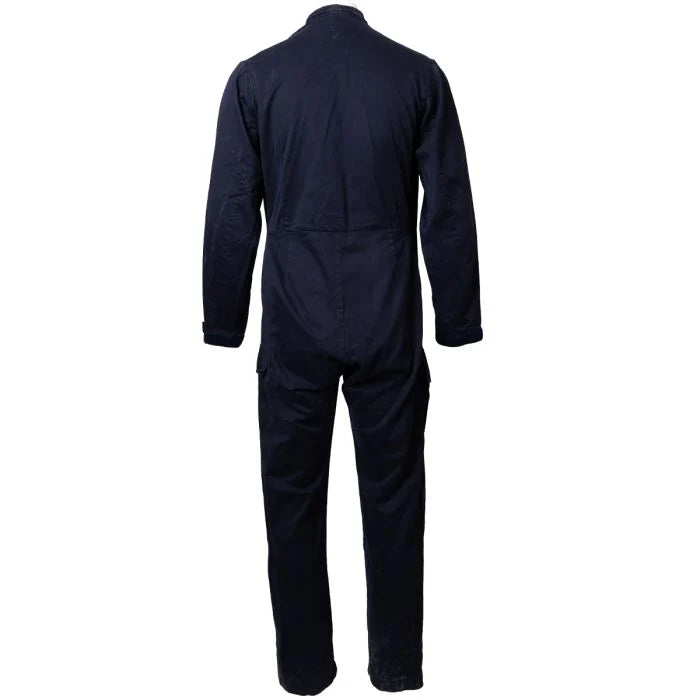 Rear view of Royal Navy blue cotton coveralls showing clean back and waist stitching