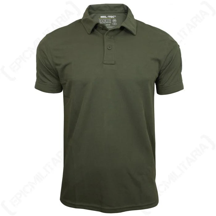 Front view of the olive green Mil-Tec Tactical Quickdry Polo Shirt for outdoor activities.