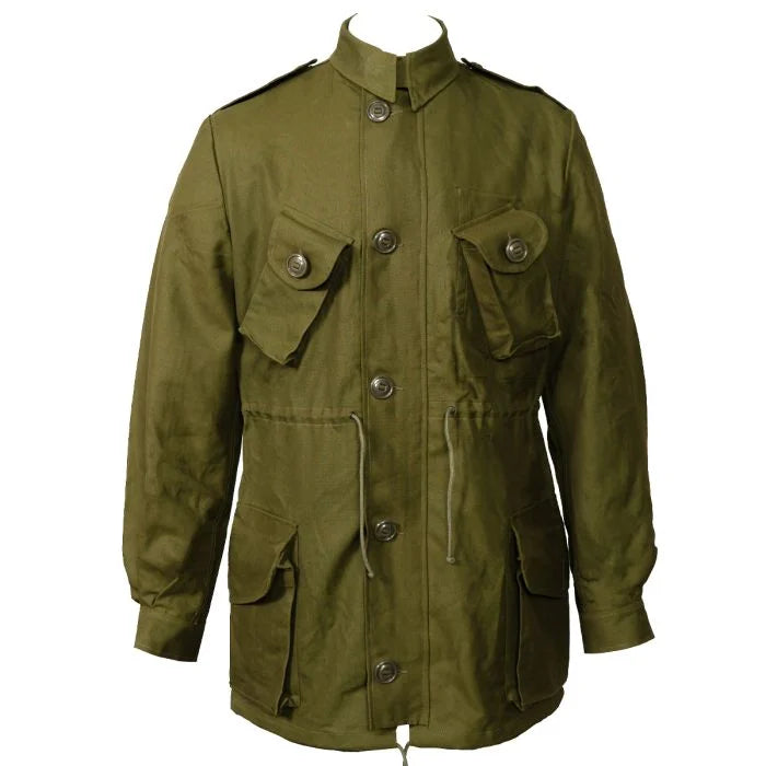 Front view of the Original Canadian Army Mark II Parka in olive drab green showing the four large cargo pockets and adjustable waist.