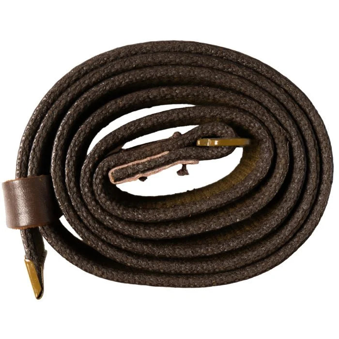 Rolled view of the USSR webbing belt showing the inner canvas backing and painted metal end tip.