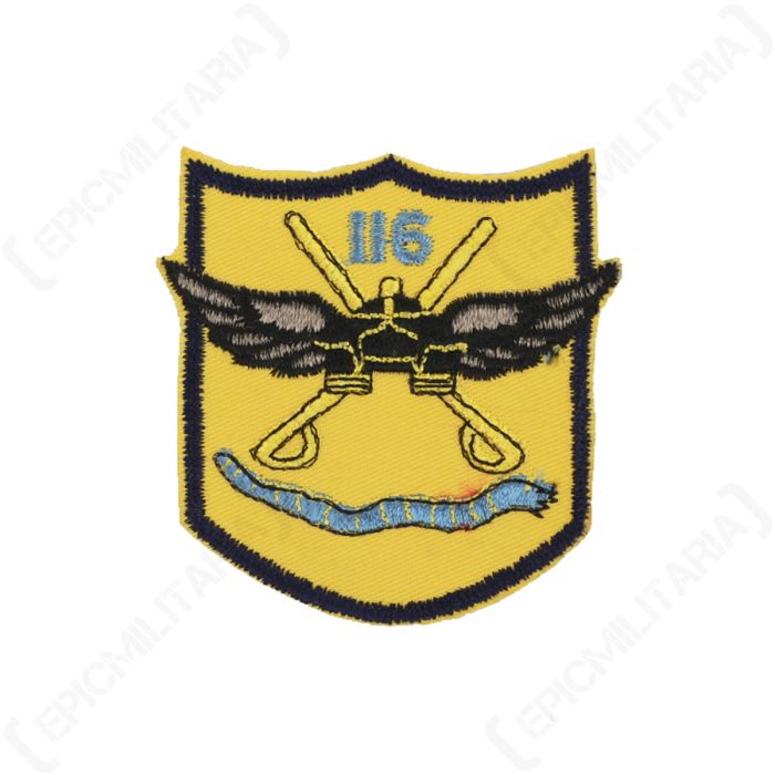 Front view of original US Vietnam era 116th Air Cavalry embroidered patch with yellow shield background