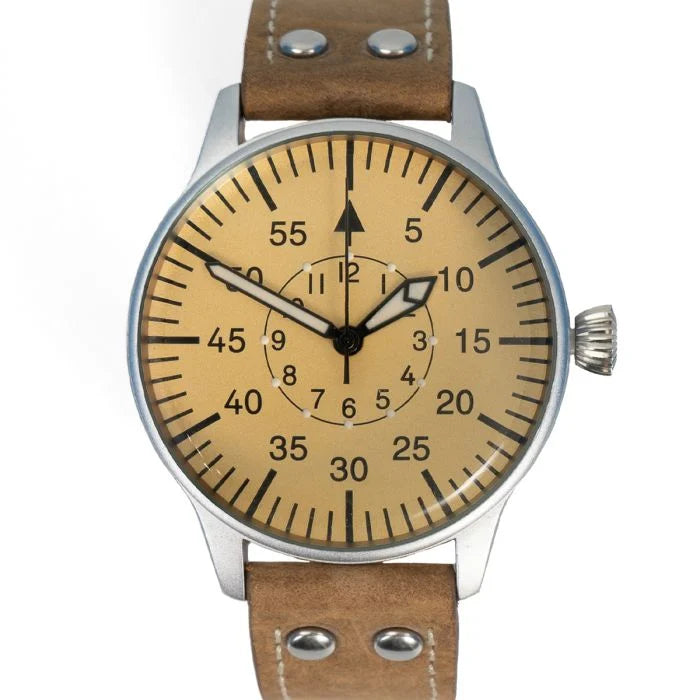 Front dial view of the German Luftwaffe B-Uhr Baumuster B aviator service watch with brown leather strap
